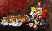 Giuseppe Recco A Still Life of Roses, Carnations, Tulips and other Flowers in a glass Vase, with Pastries and Sweetmeats on a pewter Platter and earthenware Pots, on